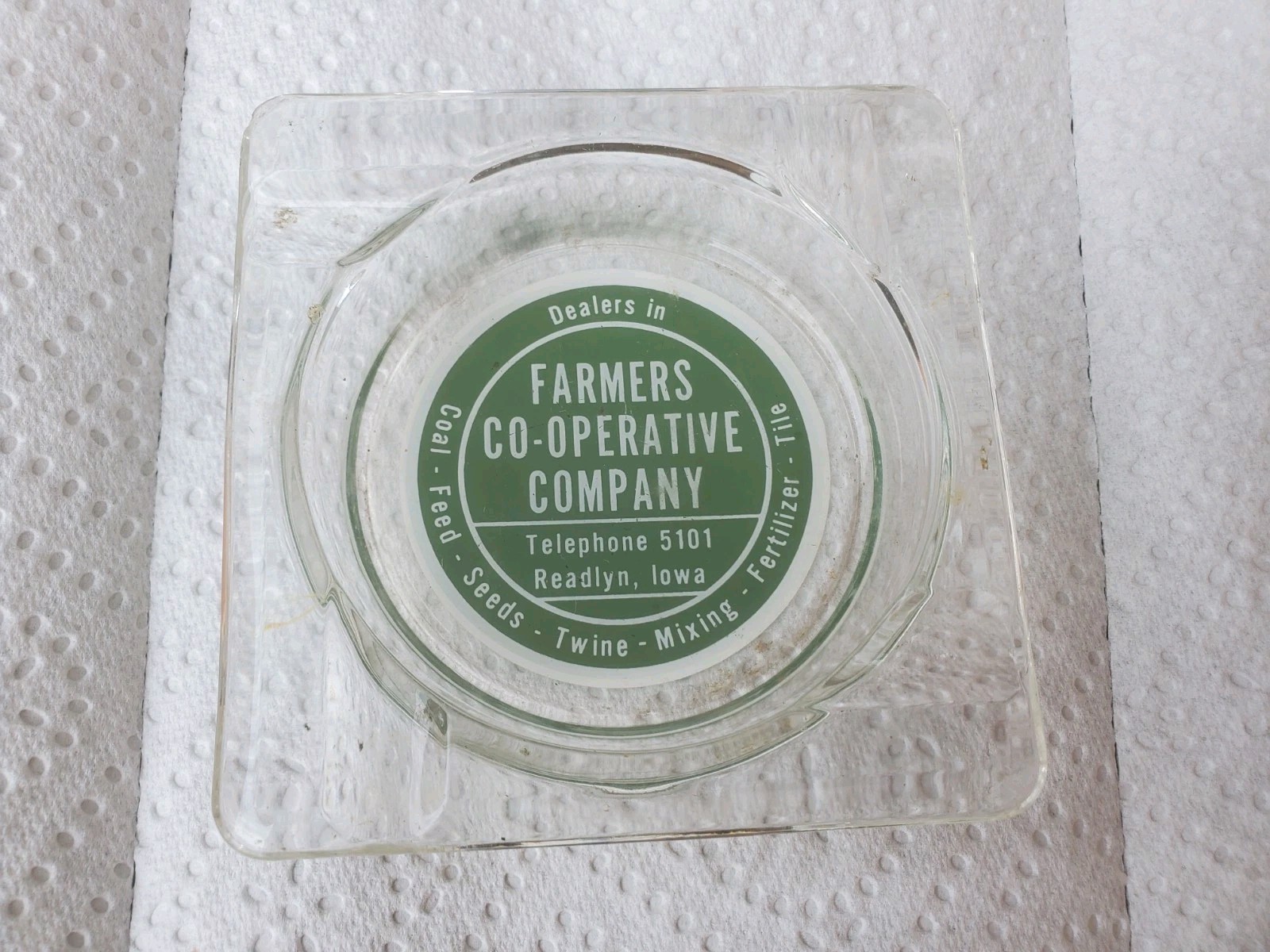 Glass Ashtray Farmers Cooperative Readlyn Iowa Coal Feed Seed Twine Mixing Tile