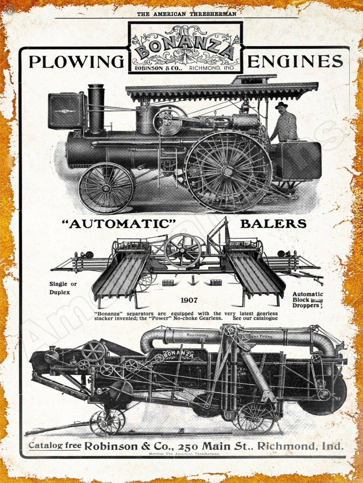1907 Robinson Plowing & Traction Engine New Metal Sign: Richmond,Indiana
