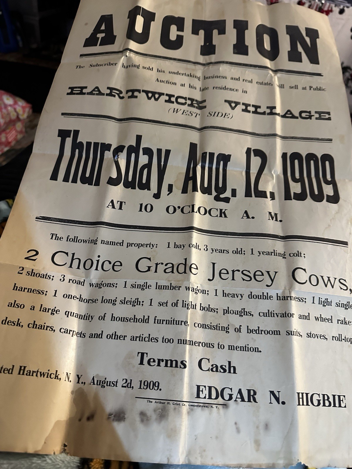 Auction Hartwick Village Public Sale 1909 Horses, Wagons, Sleigh, House Stuff