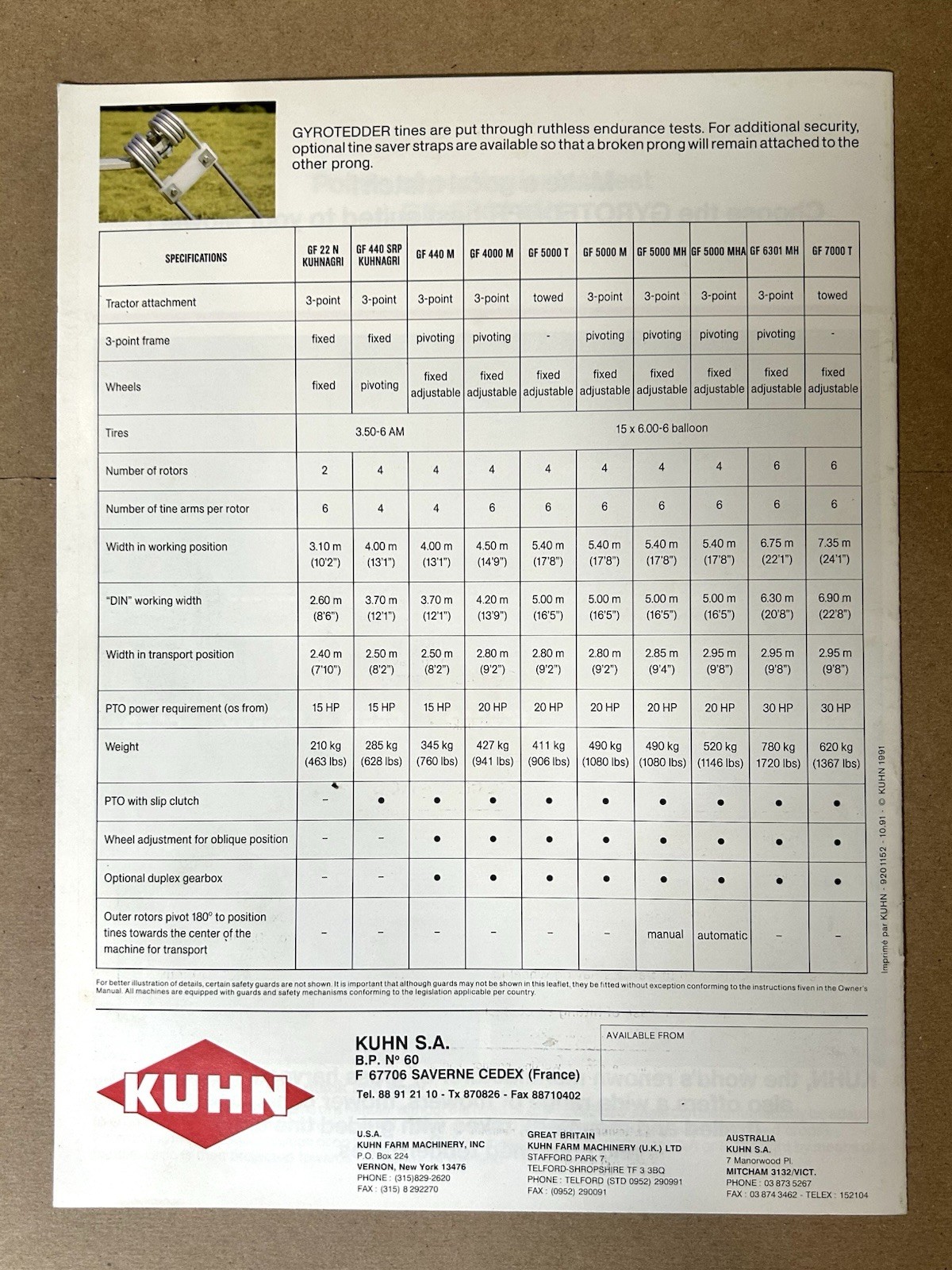 Kuhn GF Gyrotedders Original 12 page Dealer Sales Promotional Brochure For 1992