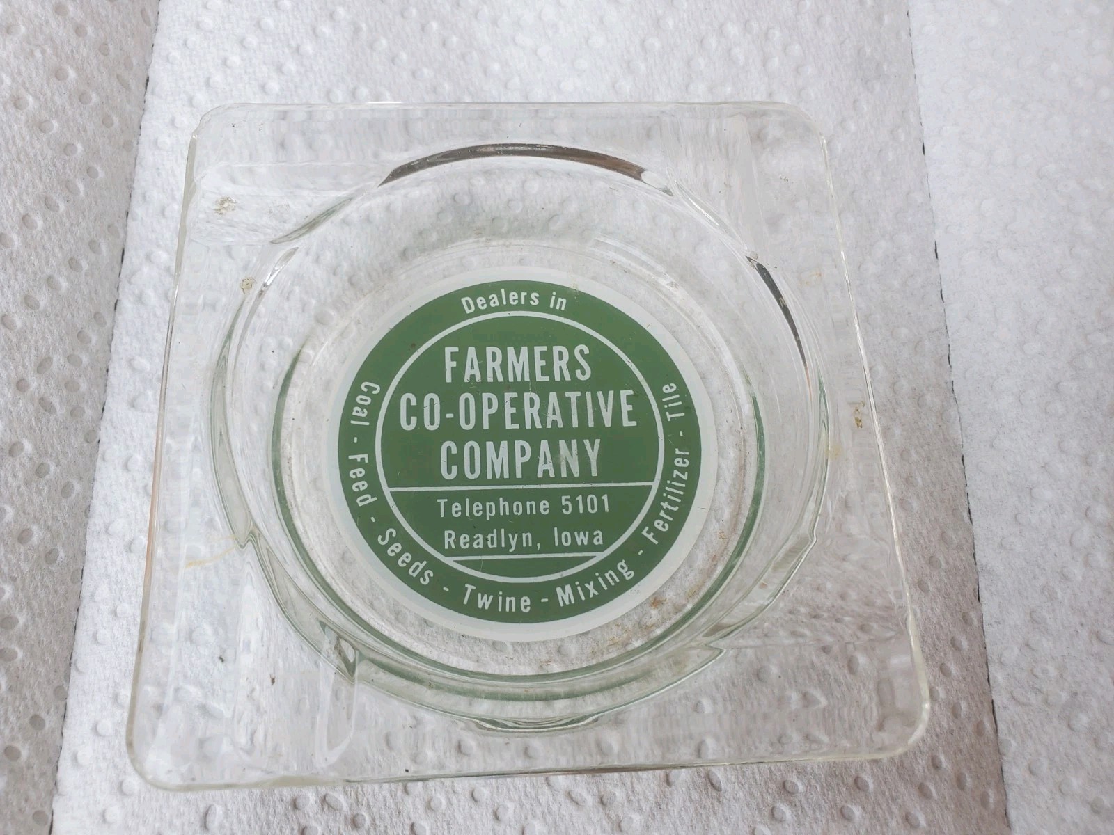 Glass Ashtray Farmers Cooperative Readlyn Iowa Coal Feed Seed Twine Mixing Tile