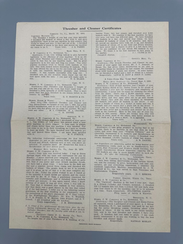 1890s CARDWELL THRESHER Farm Machine Advertising RICHMOND VIRGINIA Antique