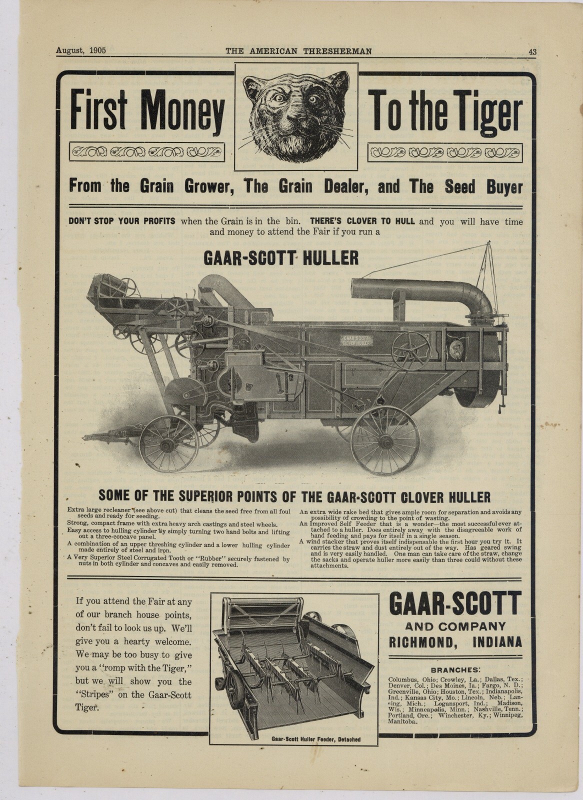 1905 Gaar Scott Ad: Clover Huller – First Money to the Tiger! – Richmond Indiana