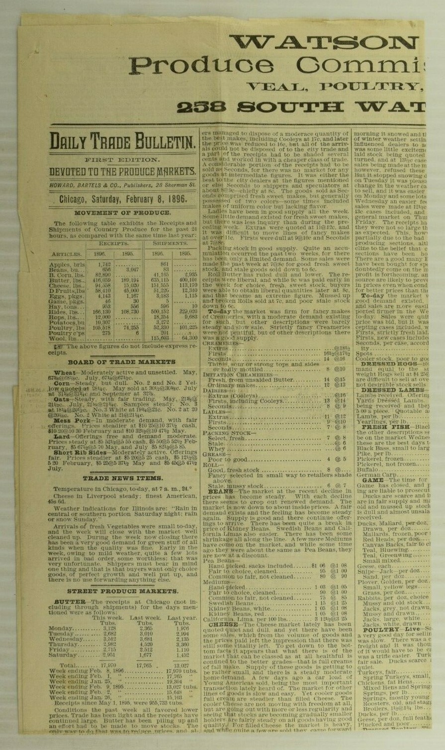 1896 Watson & Kelley Commission Merchants Chicago, IL Newspaper Flier #2
