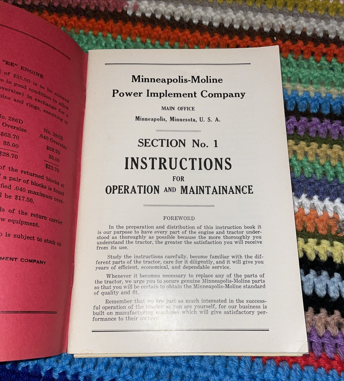 Minneapolis-Moline RT Tractor Instruction Repair Parts Book R1006E 1940s Rare