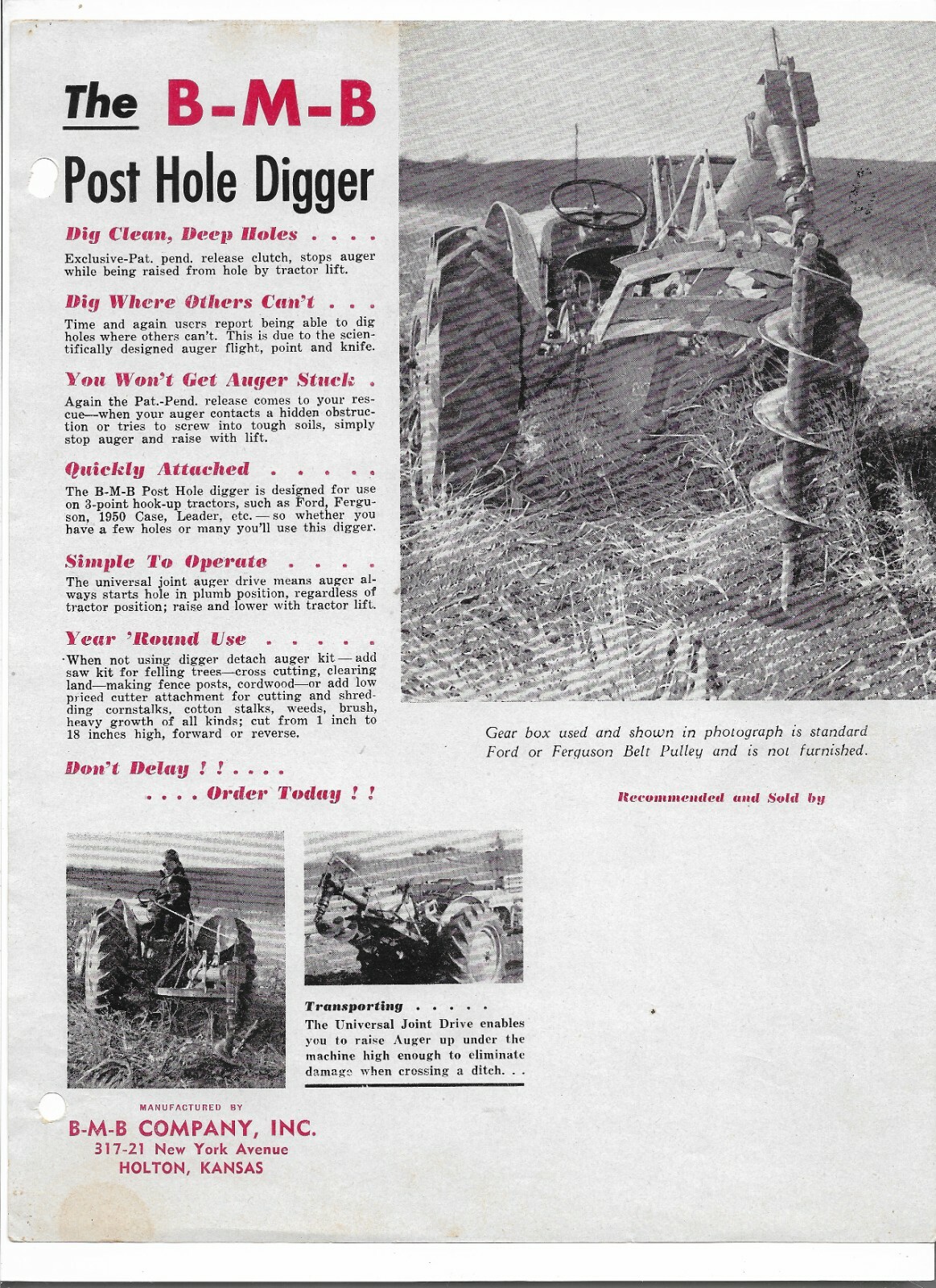 Original BMB B-M-B Post Hole Posthole Single Page Digger Sales Flyer Brochure