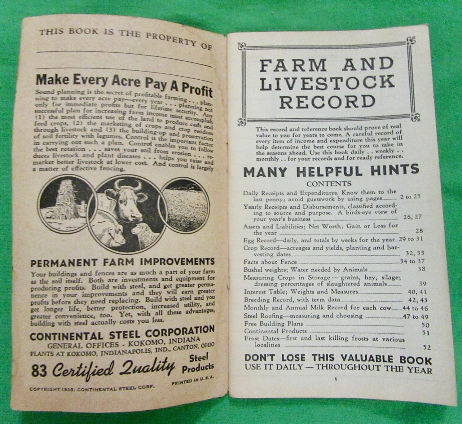 Vintage Continental Steel Corp. Farm & Livestock Record Book (1940)