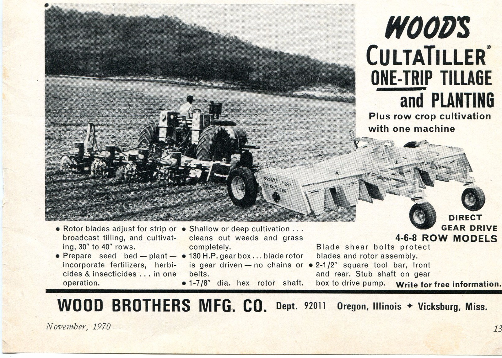 1970 Print Ad of Wood Brothers CultaTiller T180 Tractor Tiller Planter