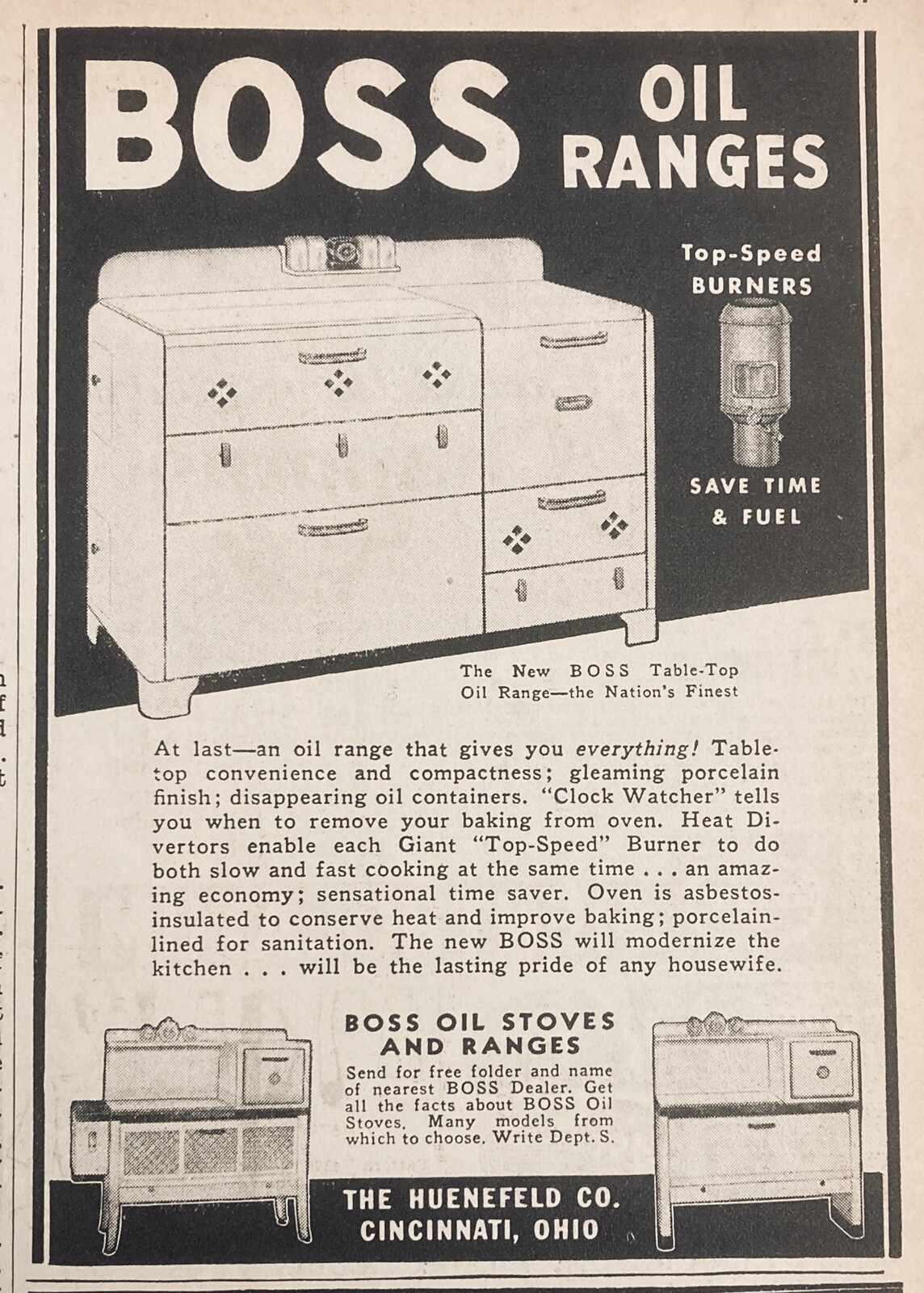 1938 AD.(XG1)~NUENEFELD CO. CINCINNATI, OHIO. BOSS OIL STOVES SND RANGES