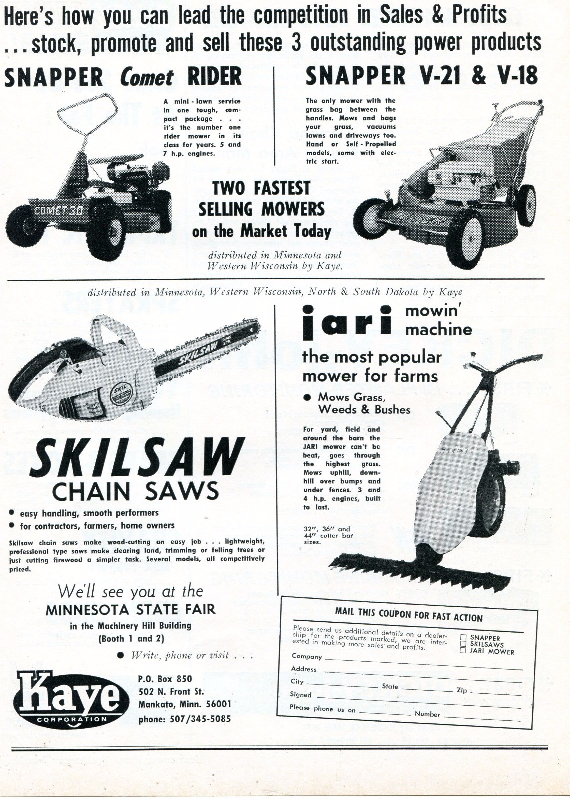 1971 Dealer Print Ad Kaye Corp Snapper Comet 30 V21 V18 Mower Skilsaw Chain Saw