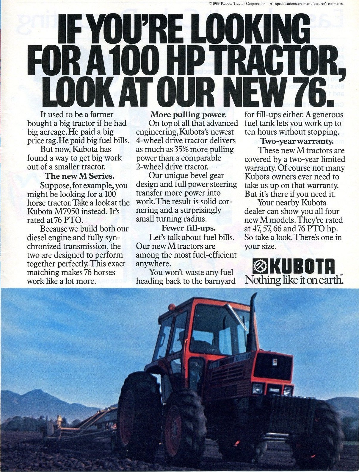 1983 Print Ad of Kubota M7950 Farm Tractor nothing like it on earth
