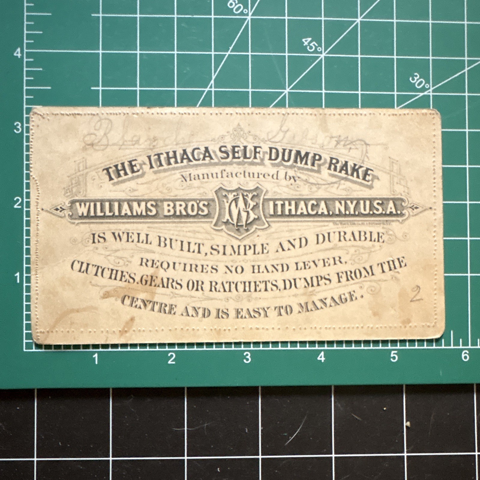 Williams Bros Ithaca Self-Dump Rake Agriculture Trade Card Beige Red Black