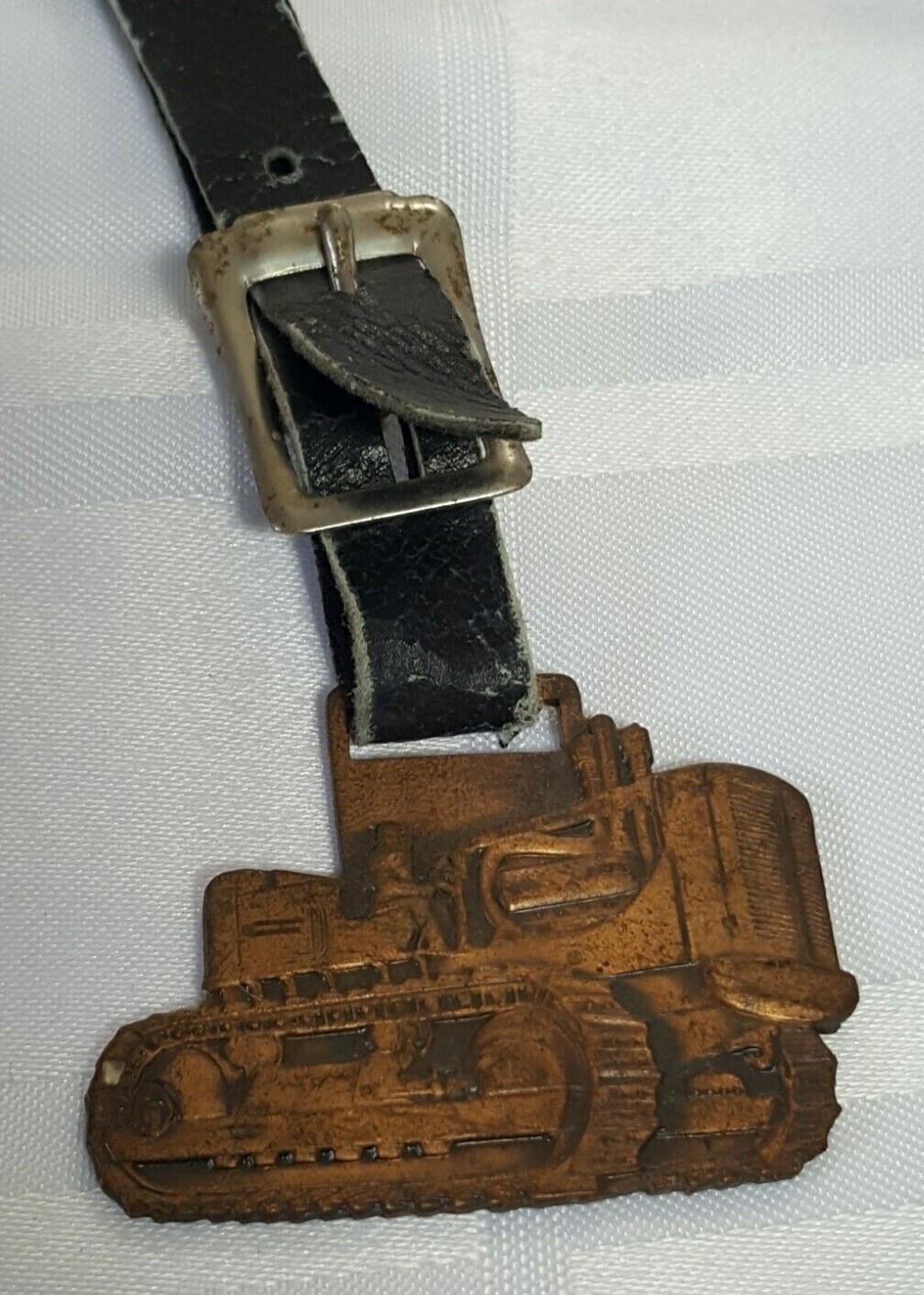 AC SHERIDAN EQUIPMENT FOB BADGE ON LEATHER STRAP AGRACULTURE FARM TRACTOR METAL