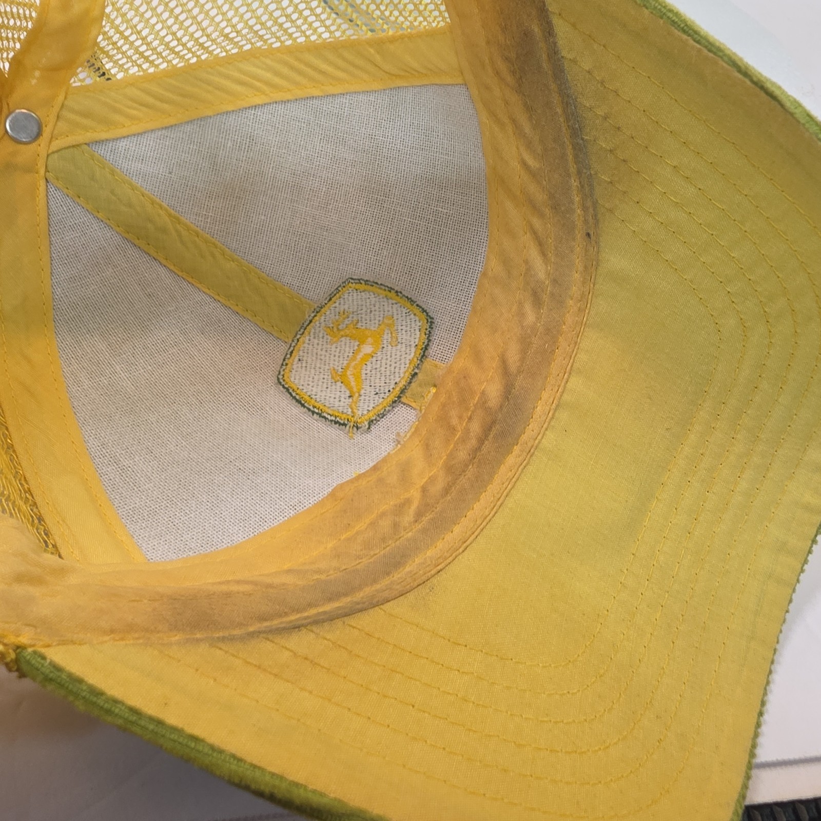 Green/yellow John Deere baseball cap hat knit front mesh back.. Corduroy Snapbac