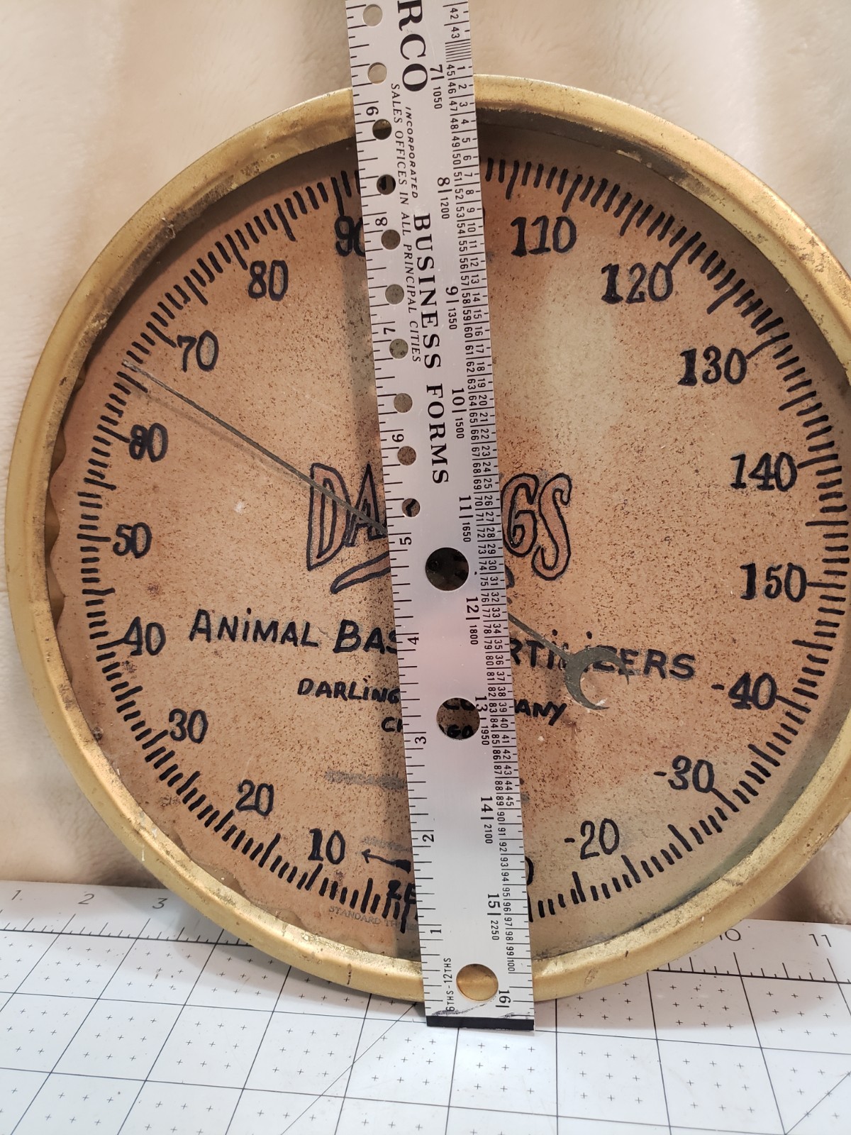 1920&rsquo;s Darling&rsquo;s Animal Base Fertilizers 9&Prime; Metal Advertising Thermometer Sign