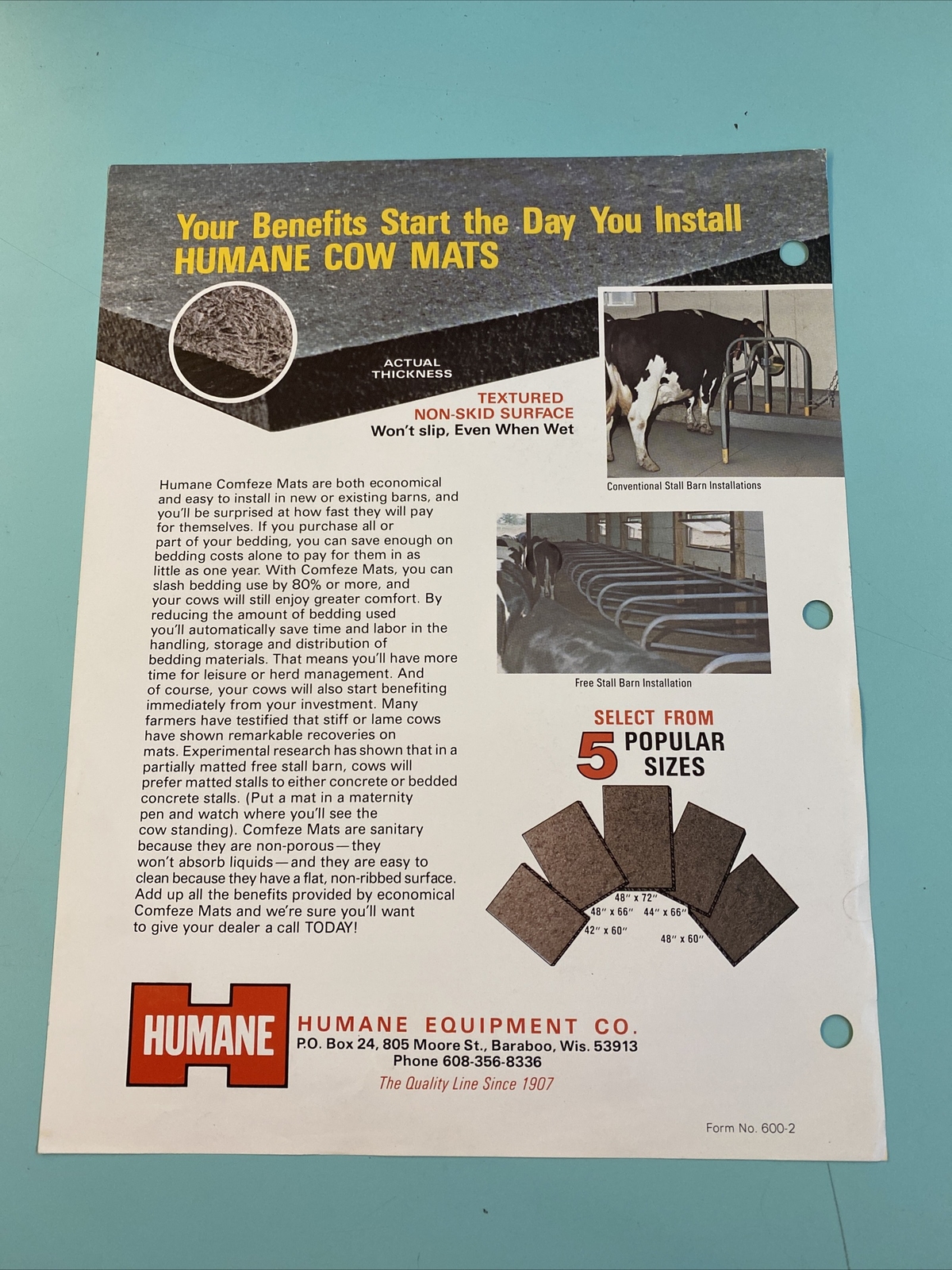 Humane Cow Mats Dealers Brochure Spec Sheet