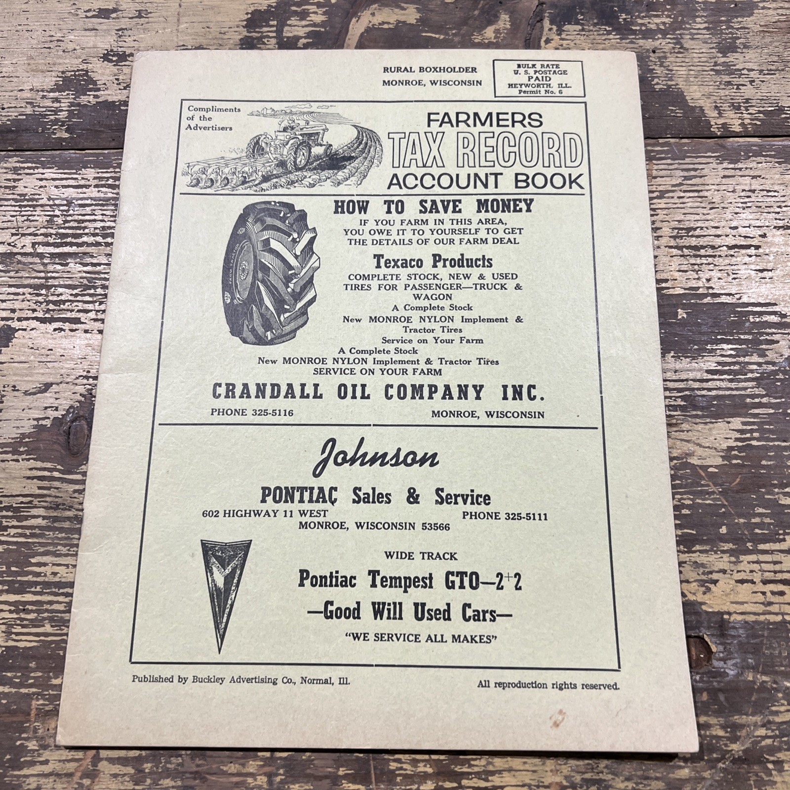 1967 Monroe, Wi Adv Farm Ledgers Record Book Crandall Oil Johnson Pontiac Kerr