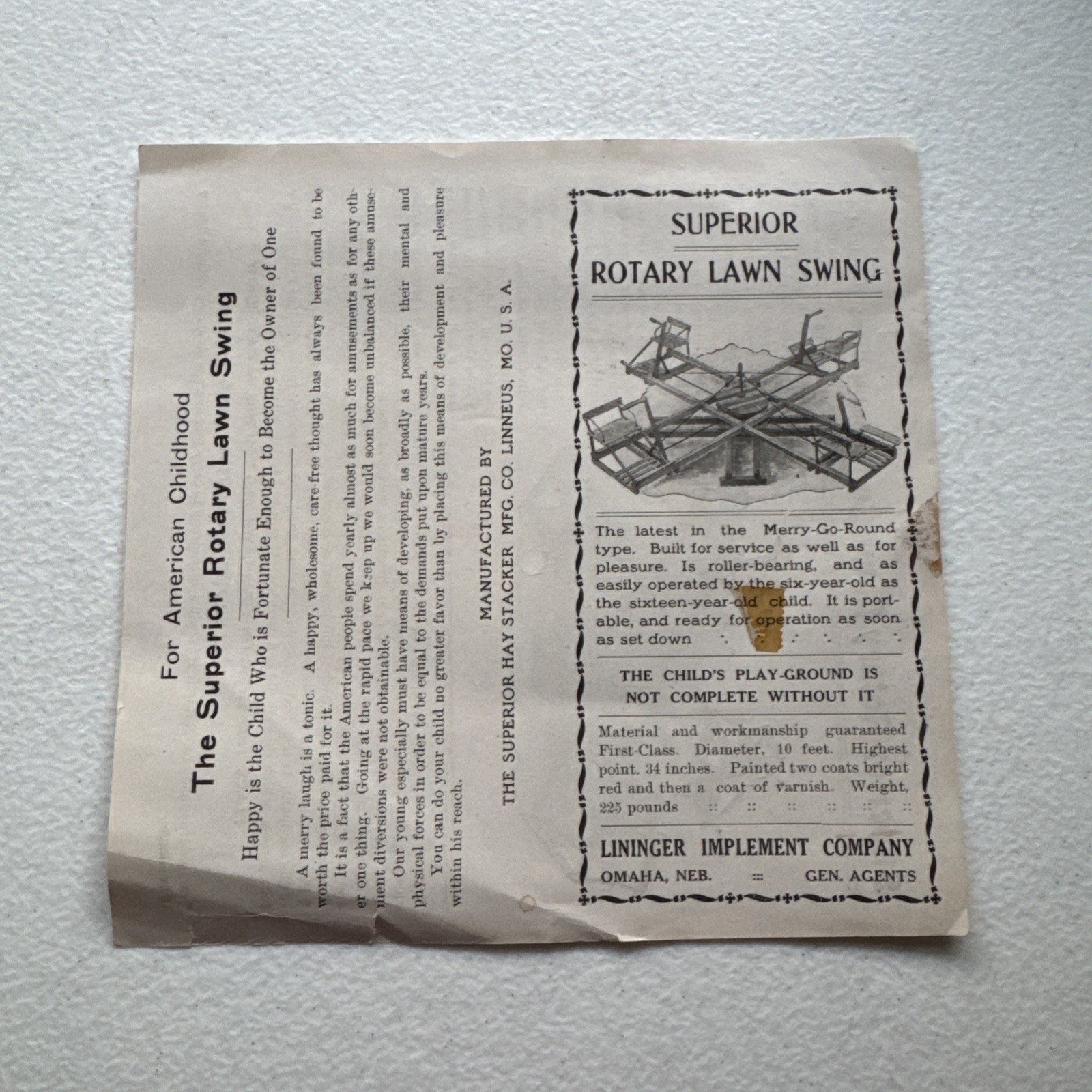 The Superior Hay Stacker Manufacturing Co. Superior Rotary Porch Swing Pamphlet