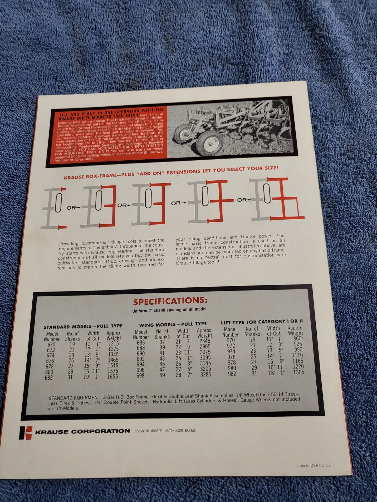 Vintage 1960s KRAUSE Field Cultivators 670-982 Sales BROCHURE Hutchinson, Kansas