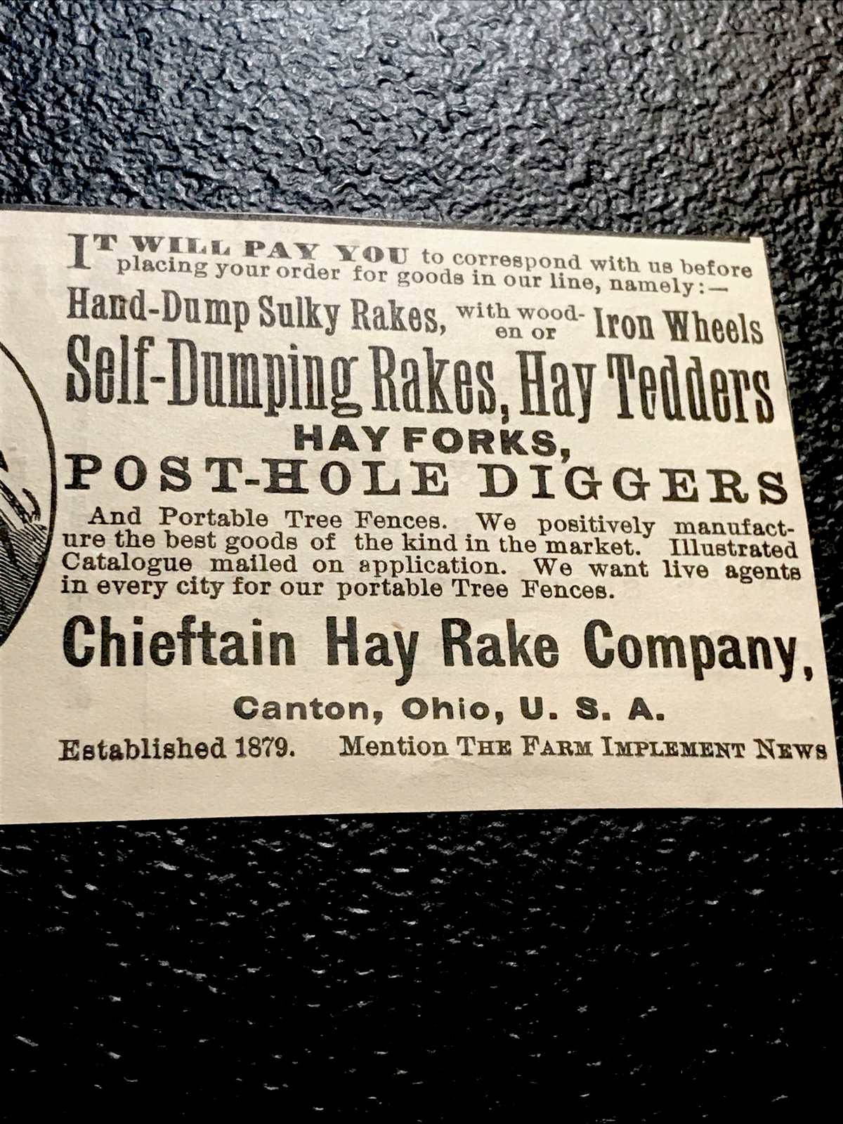 1886 Chieftain Hay Rake Co. Farm Machinery Advertising – Canton – Ohio – Indian