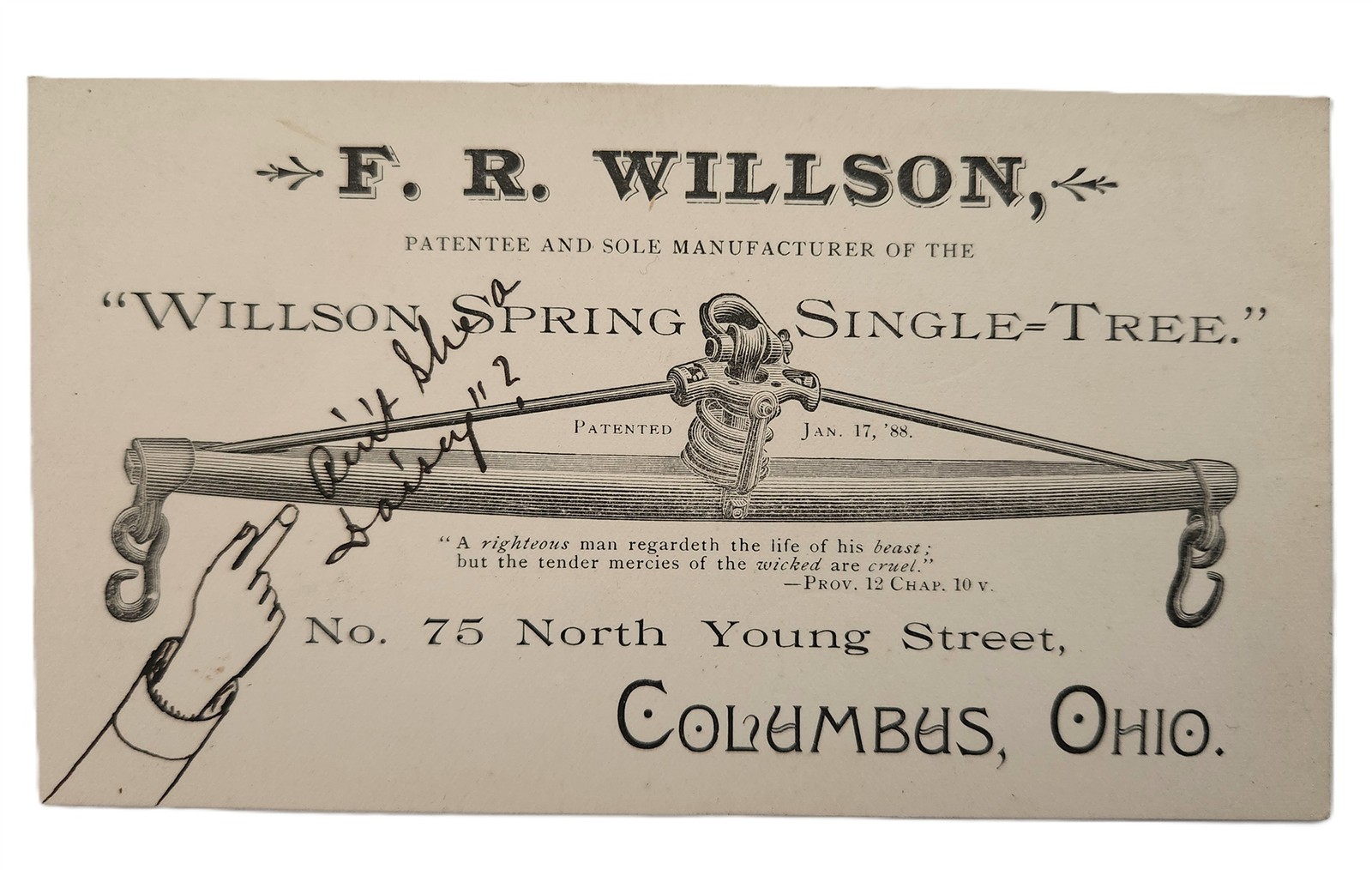 1888 antique F. R. WILSON columbus oh SPRING SINGLE TREE trade card HORSE EQUIP