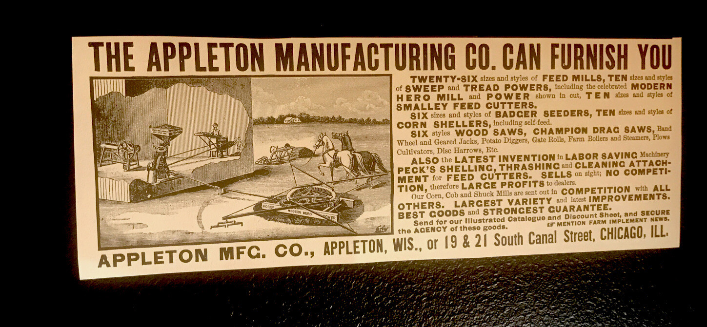1889 Appleton Mfg.Co. Implement Farm Advertising – Appleton – Wisconsin