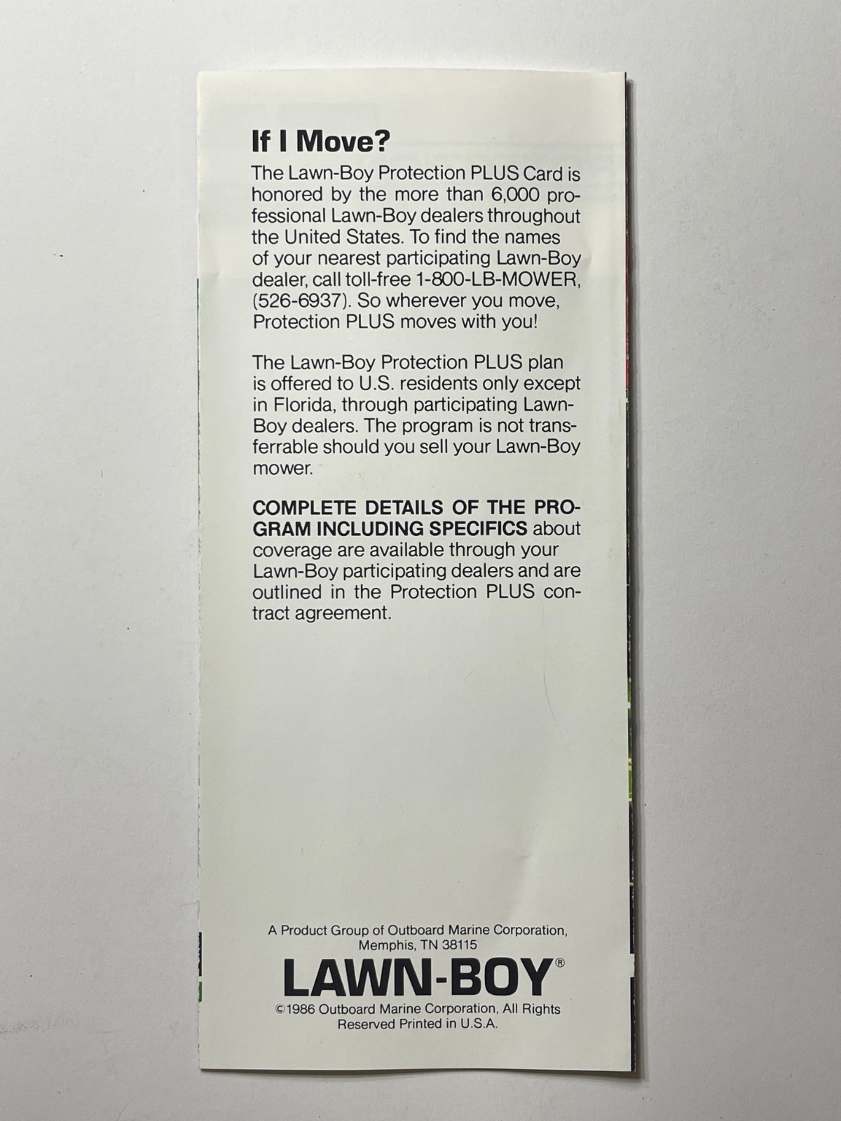 Original 1986 Lawn-Boy Mowers Protection Plus Plan Sale Brochure