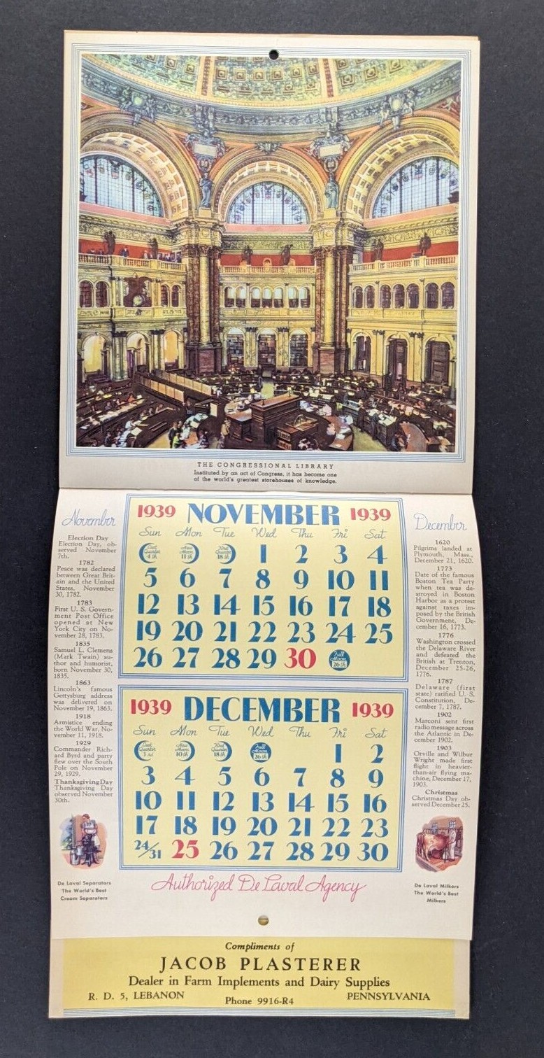 Vintage 1939 De Laval Cream Separators Graphic Calendar Lebanon PA