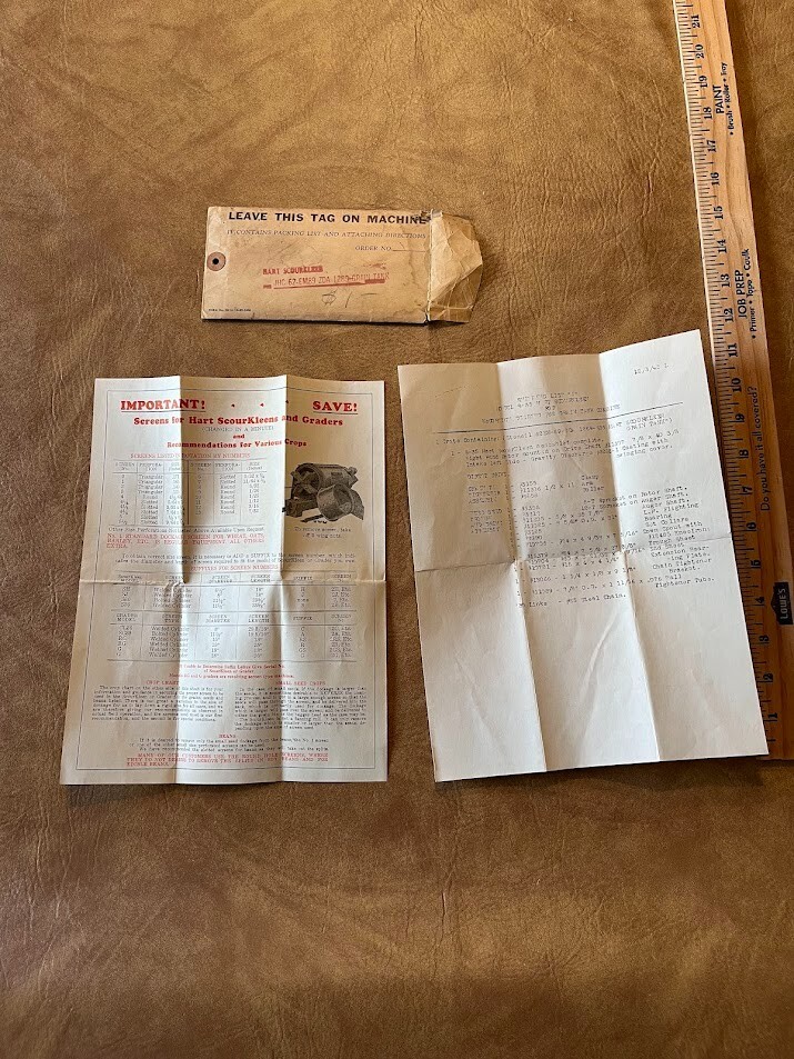 Hart Scourkleen Model 1289 Grain Tank Packing List Attaching Directions Tag 1945