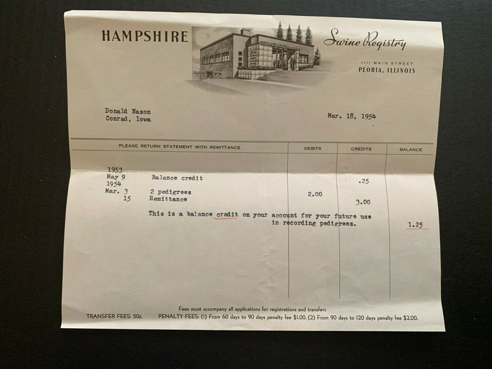 Vintage March 18 1954 Hampshire Swine Registry Letterhead