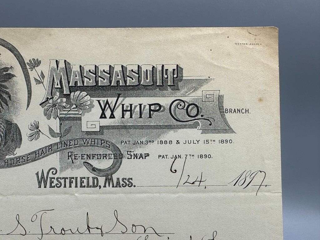 1897 MASSASOIT WHIP Co EEL SKIN & HORSE HAIR Farm Advertising Bill WESTFIELD MA