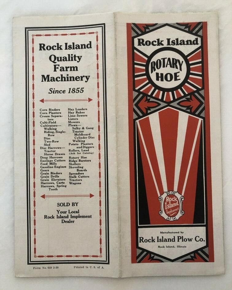1930 ROCK ISLAND PLOWS Rotary Hoe FARM ADVERTISING Antique Brochure Poster
