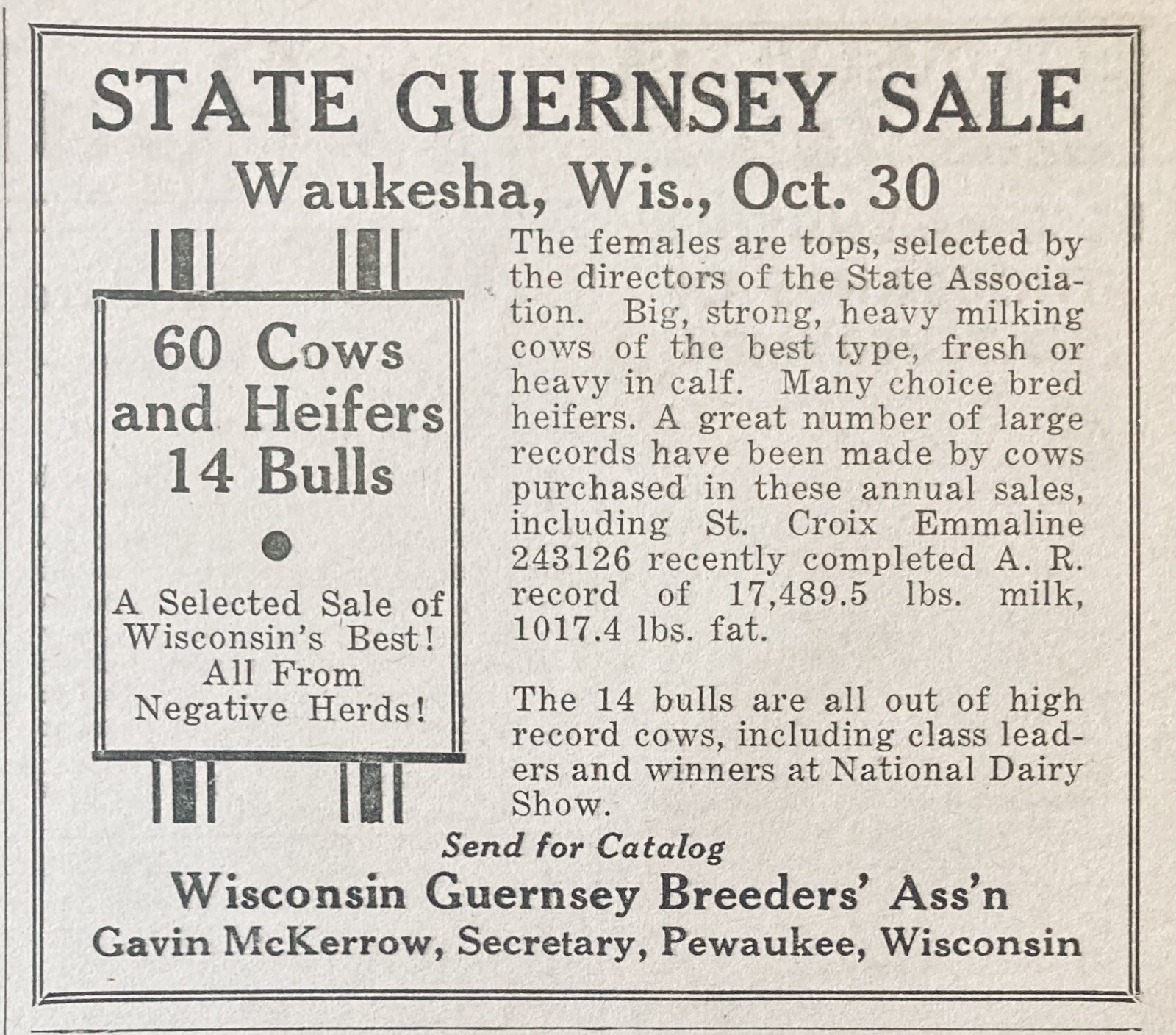 1936 AD.(XH30)~WISC. GUERNSEY BREEDERS, PEWAUKEE, WISC. STATE GUERNSEY SALE