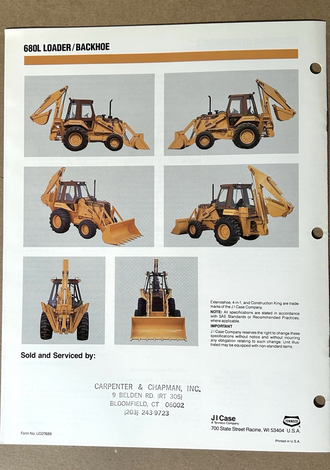 Case 680L Loader Backhoe 8 page Dealer&rsquo;s Specifications Brochure 1989