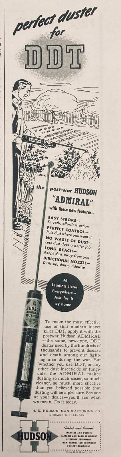 1946 AD.(XF14)~H.D. HUDSON MFG. CO. CHICAGO. HUDSON “ADMIRAL” CROP DUSTER