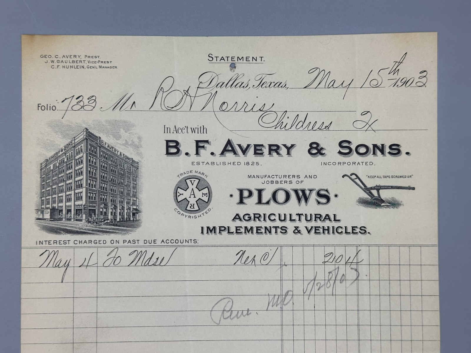 1904 B F AVERY & Sons PLOWS Letter DALLAS Texas FARM Advertising Receipt Antique