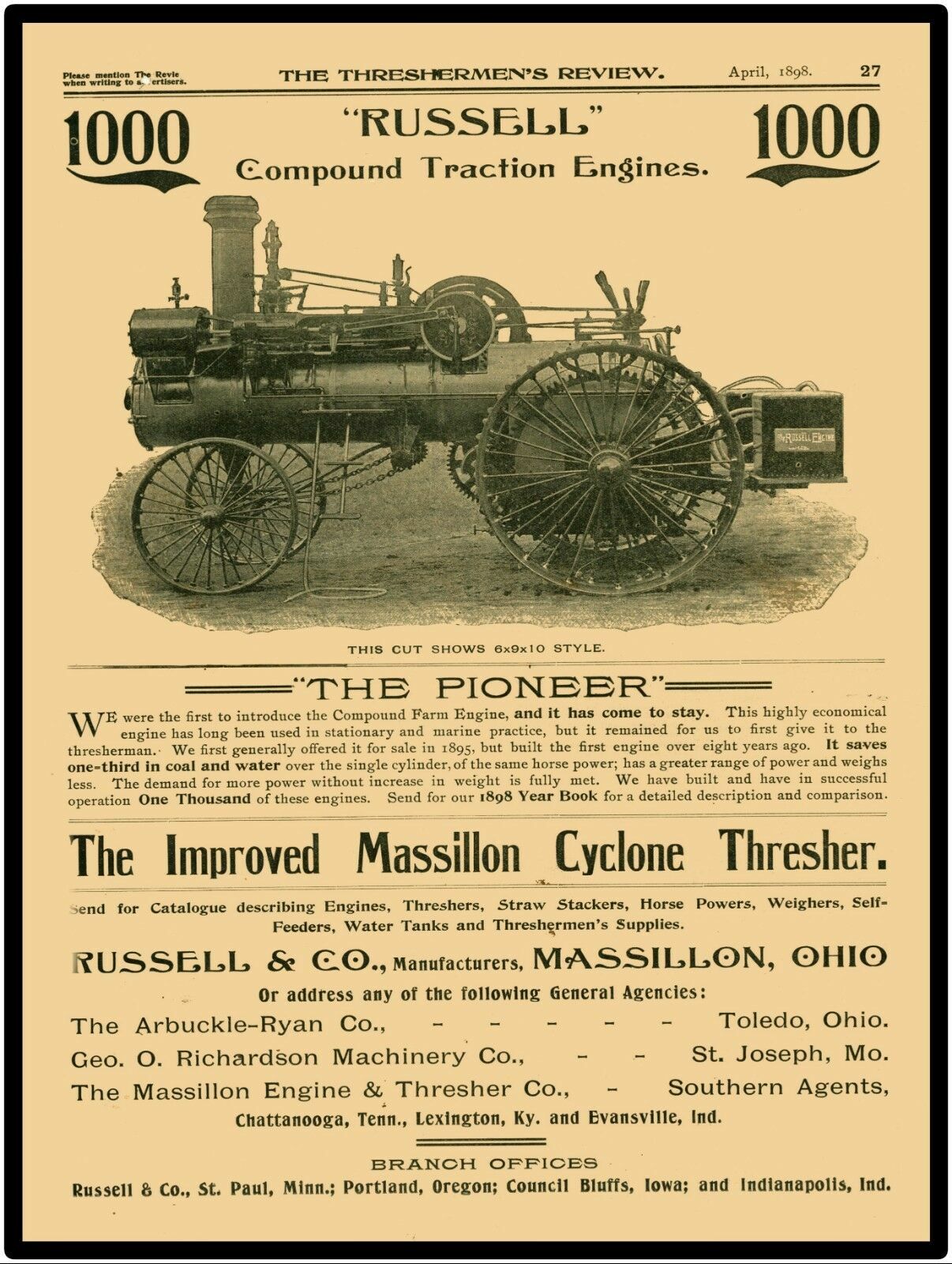 1898 Russell Compound Traction Engine New Metal Sign: The Pioneer