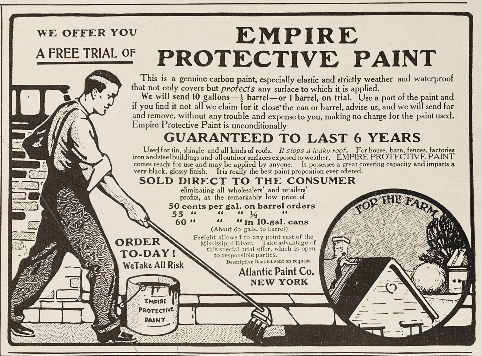 1906 AD.(XH68)~ATLANTIC PAINT CO. NYC. EMPIRE PAINT FOR THE FARM