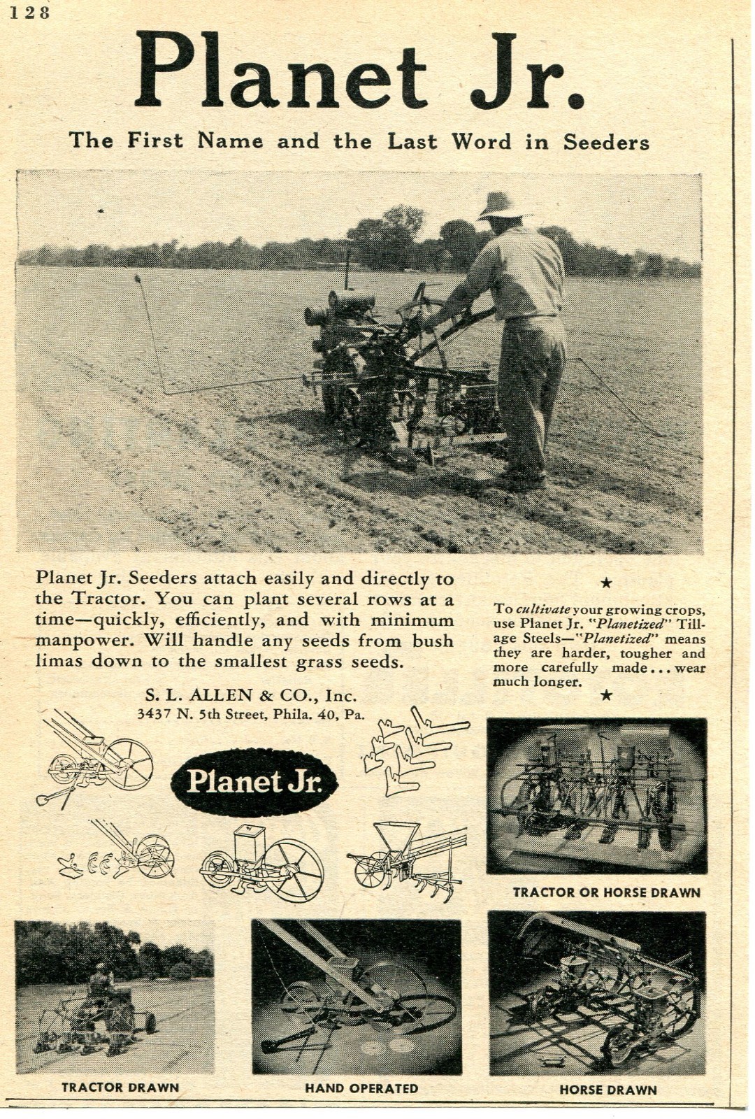 1947 small Print Ad of SL Allen & Co Planet Jr Tractor Seeder