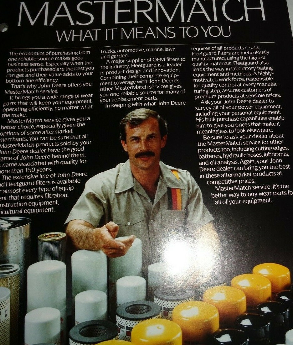 John Deere Crawler Tractor Backhoe Excavator FILTERS Sales Brochure JD 11/89
