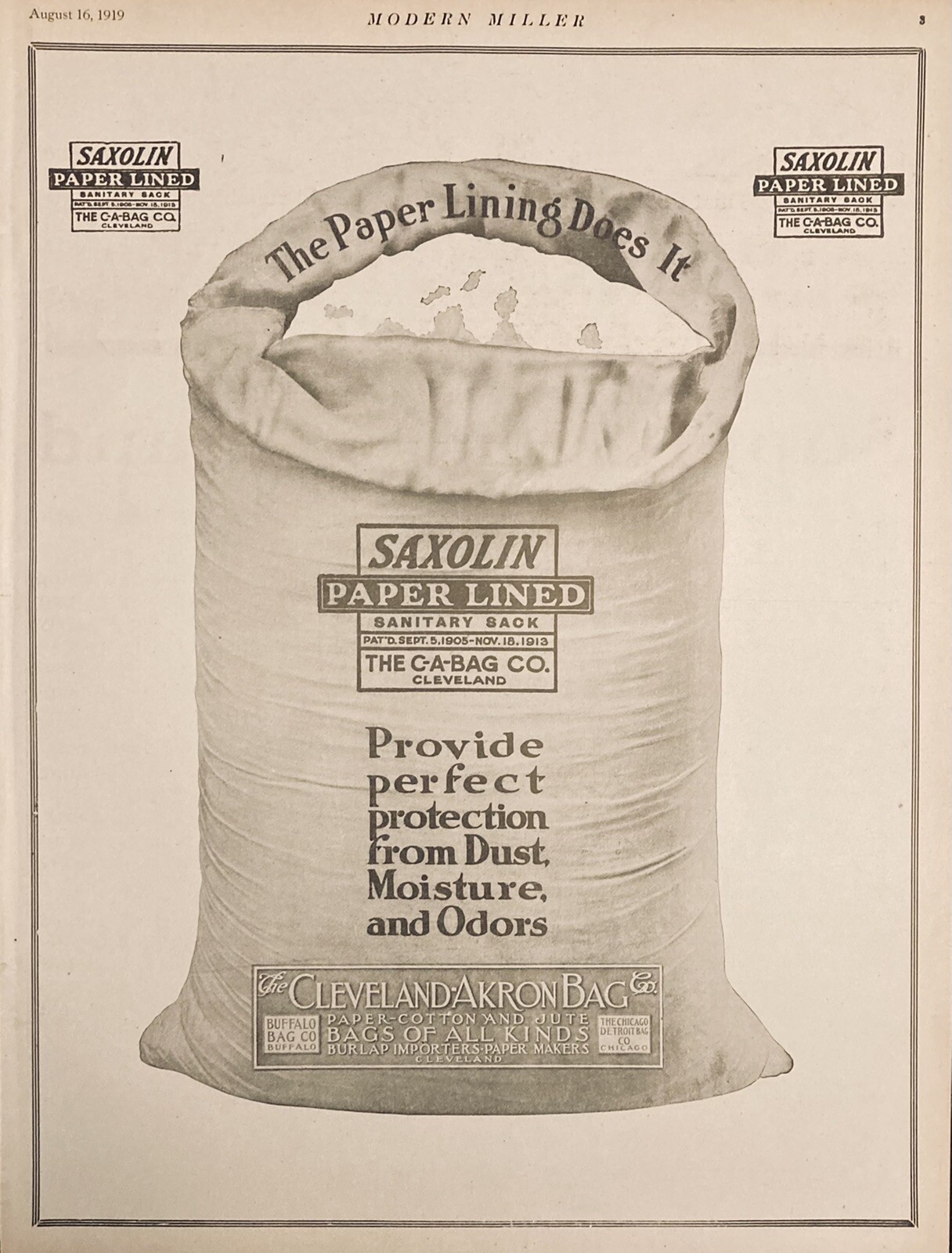 1919 AD.(XH22)~CLEVELAND-AKRON BAG CO. SAXOLIN PAPER LINED FLOUR SACK