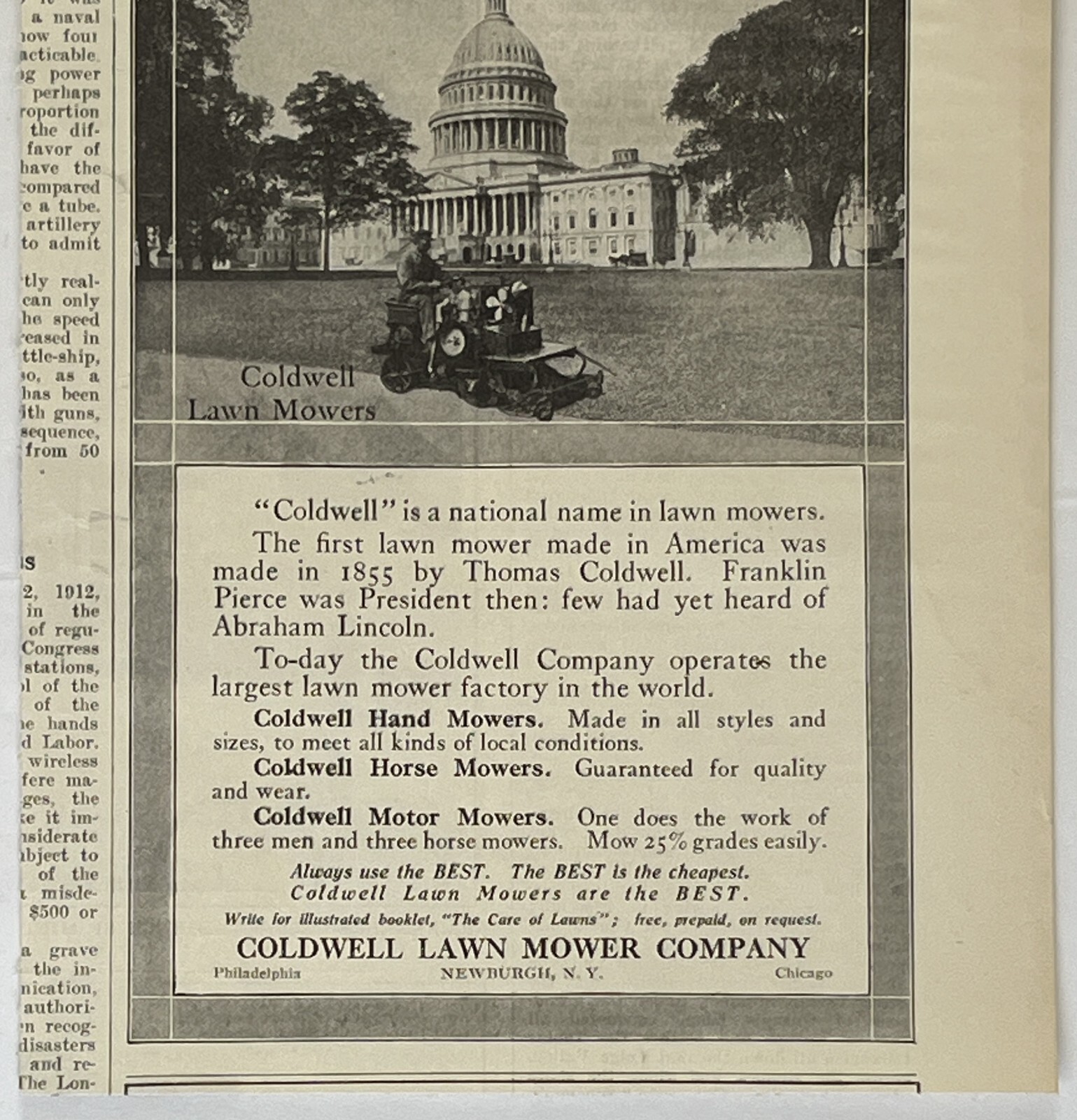 1913 Coldwell Lawn Mowers PRINT AD Newburgh N. Y. Capital Building Lawn