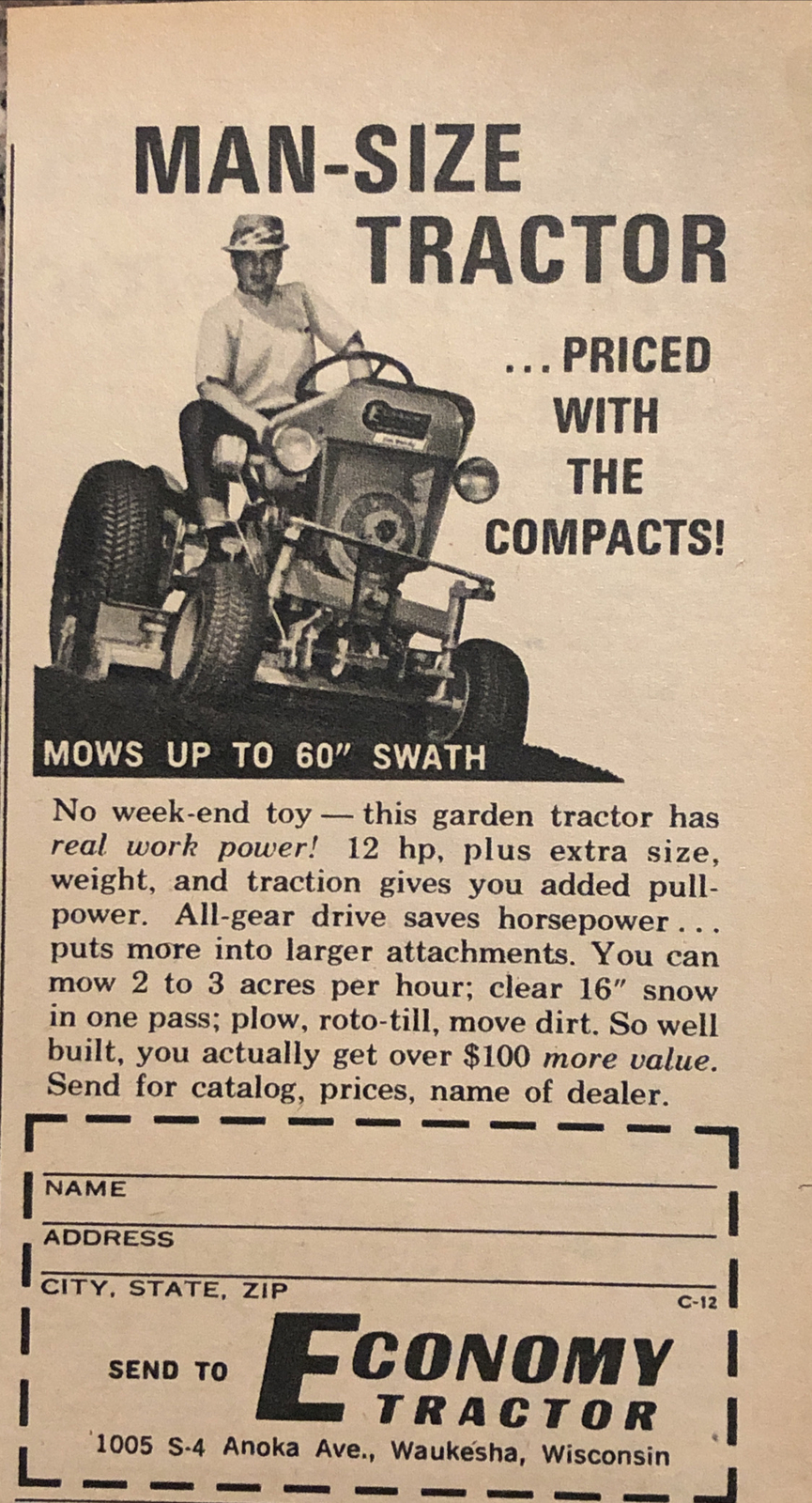 1968 Economy Tractor PRINT AD Waukesha Wisconsin VTG 1960s Man Size Tractor 3×5