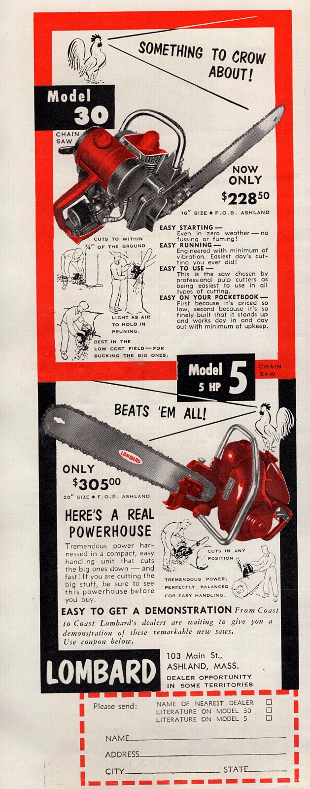 1954 Lombard Model 5 & 30 Chainsaw Original Color Ad