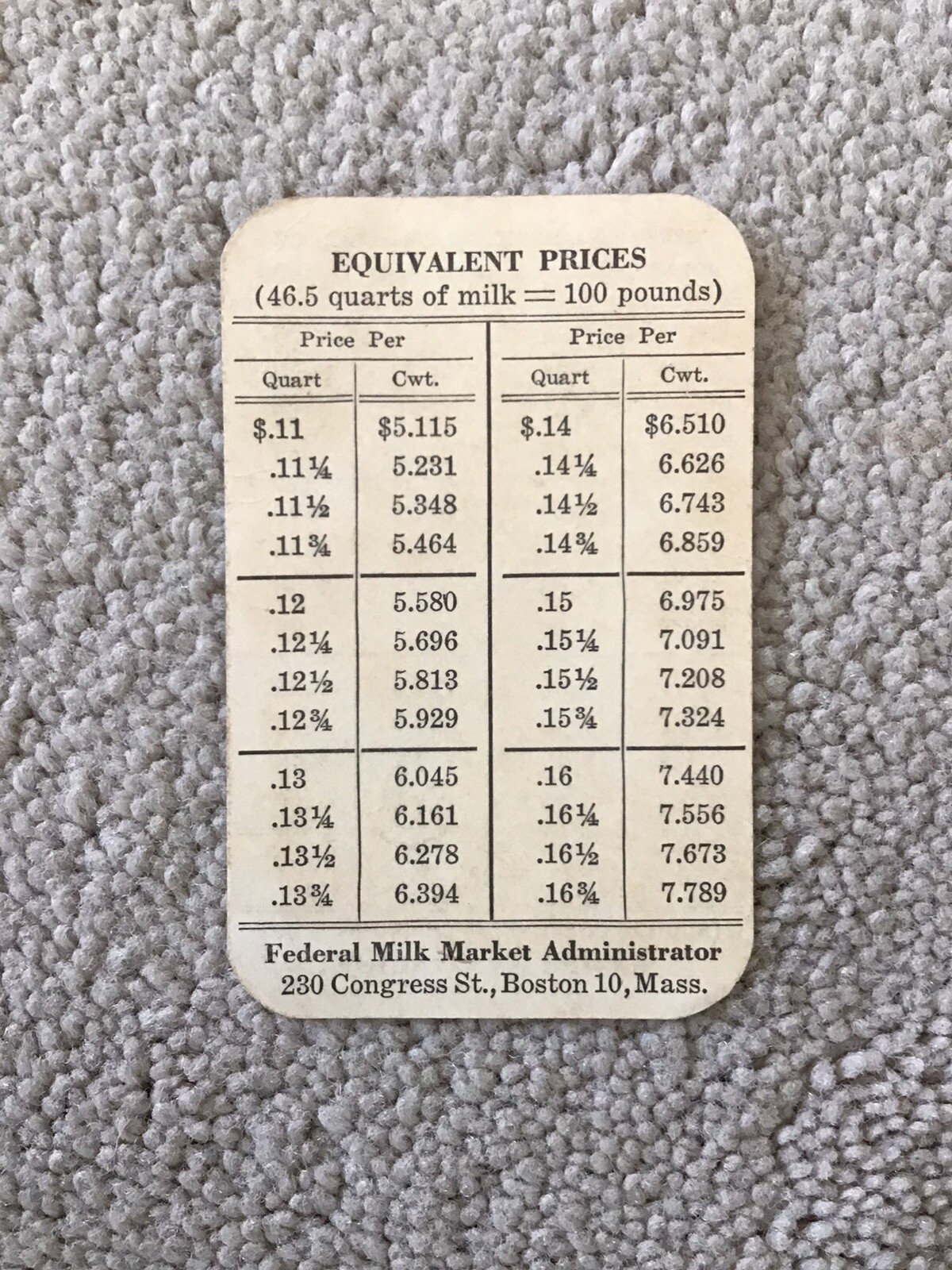 Vintage Federal Milk Market Administrator Boston 2 1/4&Prime; x 3 1/2&Prime; Price Card