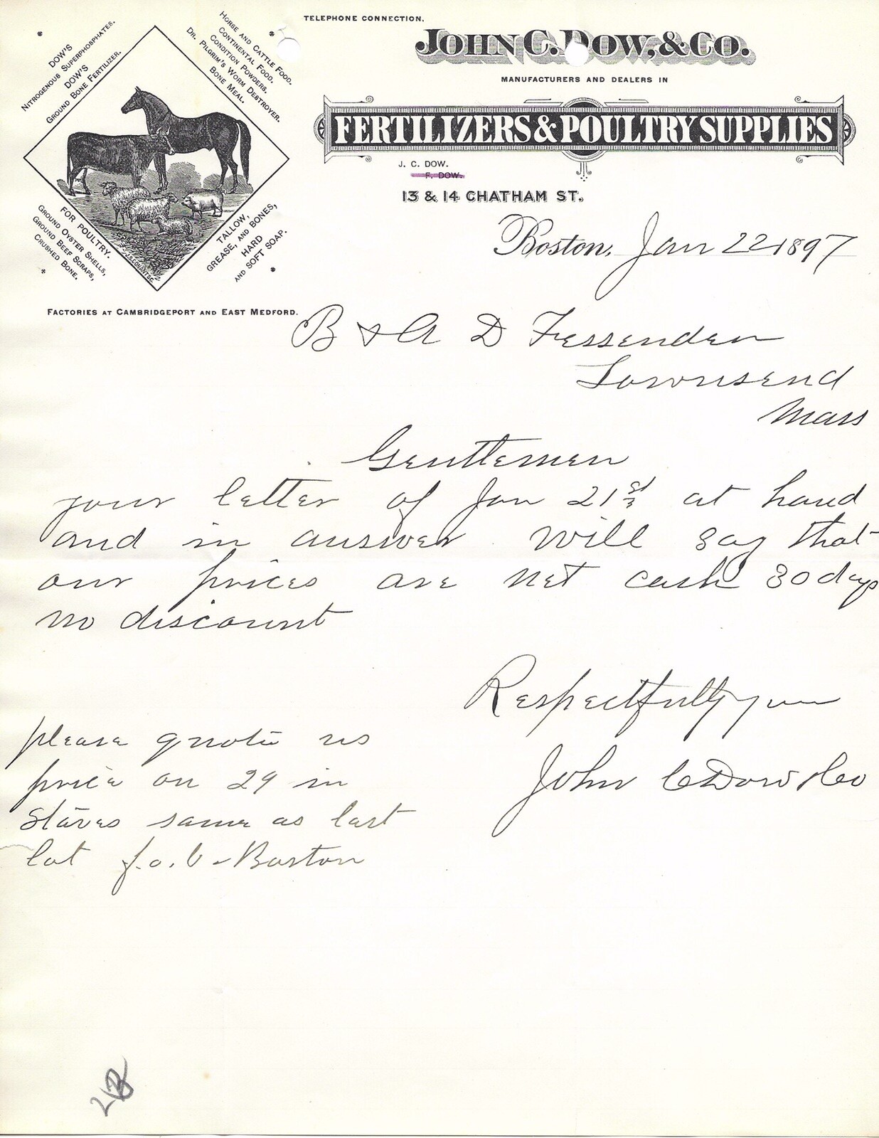 1897 JOHN C. DOW & CO FERTILIZERS & POULTRY SUPPLIES CHATHAM ST. TOWNSEND MASS