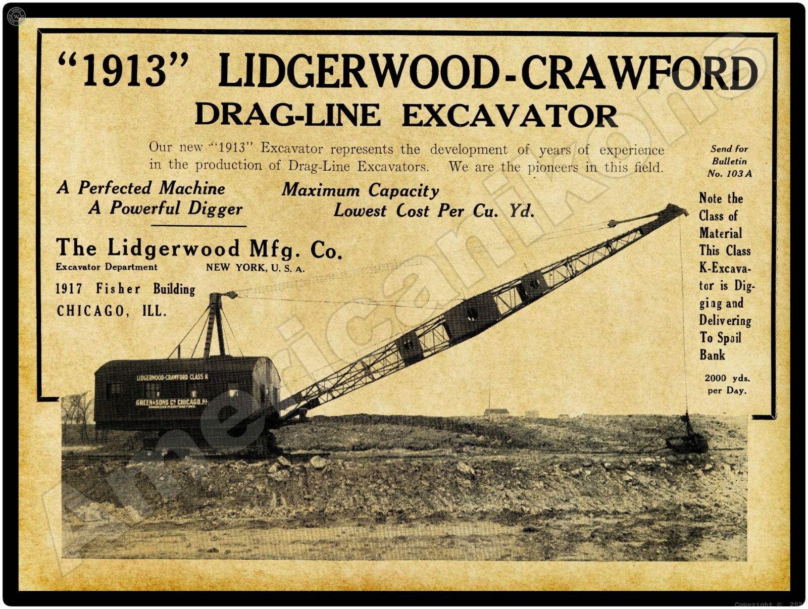 1913 Lidgerwood Mfg Co New Metal Sign: Lidgerwood Crawford Dragline Excavator –