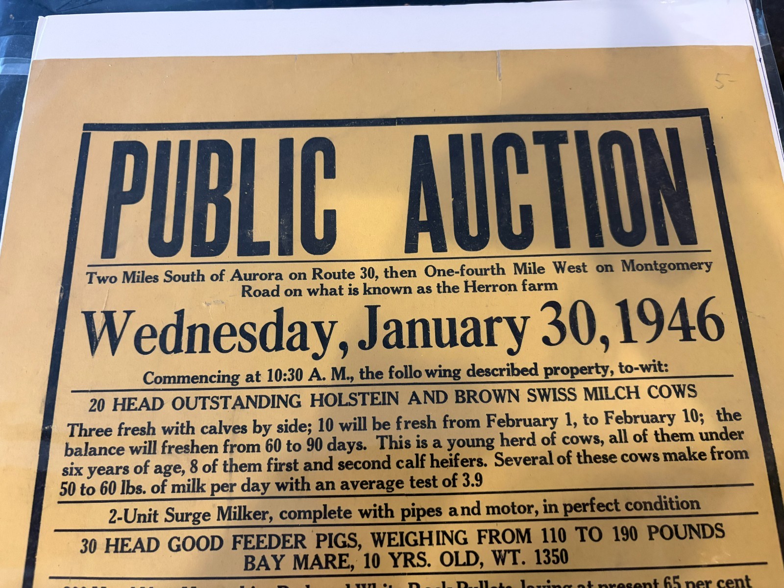 Vintage 1946 Sale Bill Public Auction Sign Paper Farm Machinery Cows Illinois