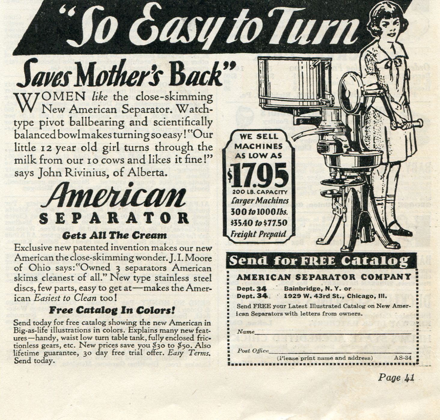 1931 small Print Ad of American Separator Company Saves Mother&rsquo;s Back