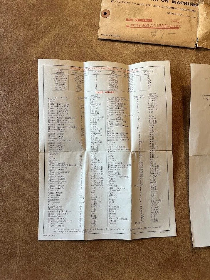 Hart Scourkleen Model 1289 Grain Tank Packing List Attaching Directions Tag 1945